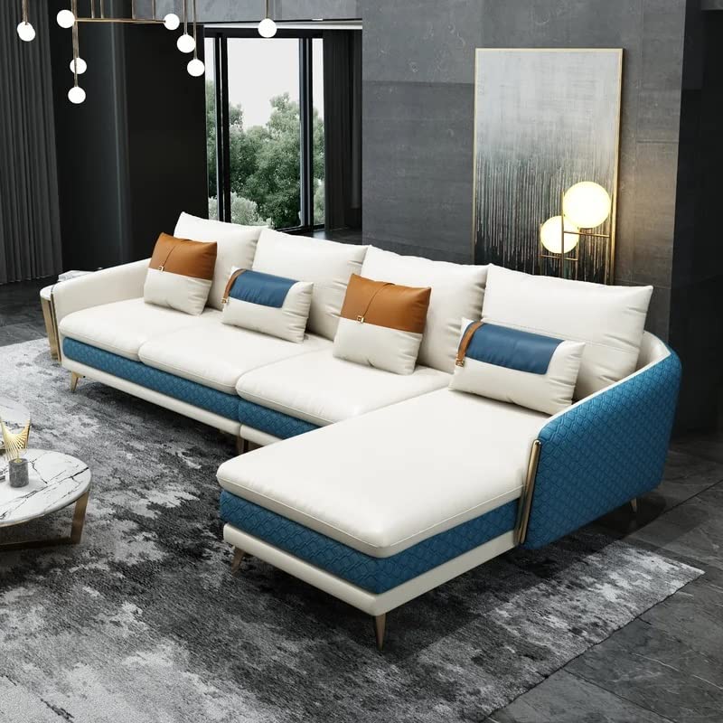 Image of Sofa Set T&T Co. Unique Verstile Design 3 Seater Sofa and 1 Chaise Luxury Imperia Collection Cushion Back with Upholstered Soft Touch Premium Leatherette for Living Room Loung (Blue & White)