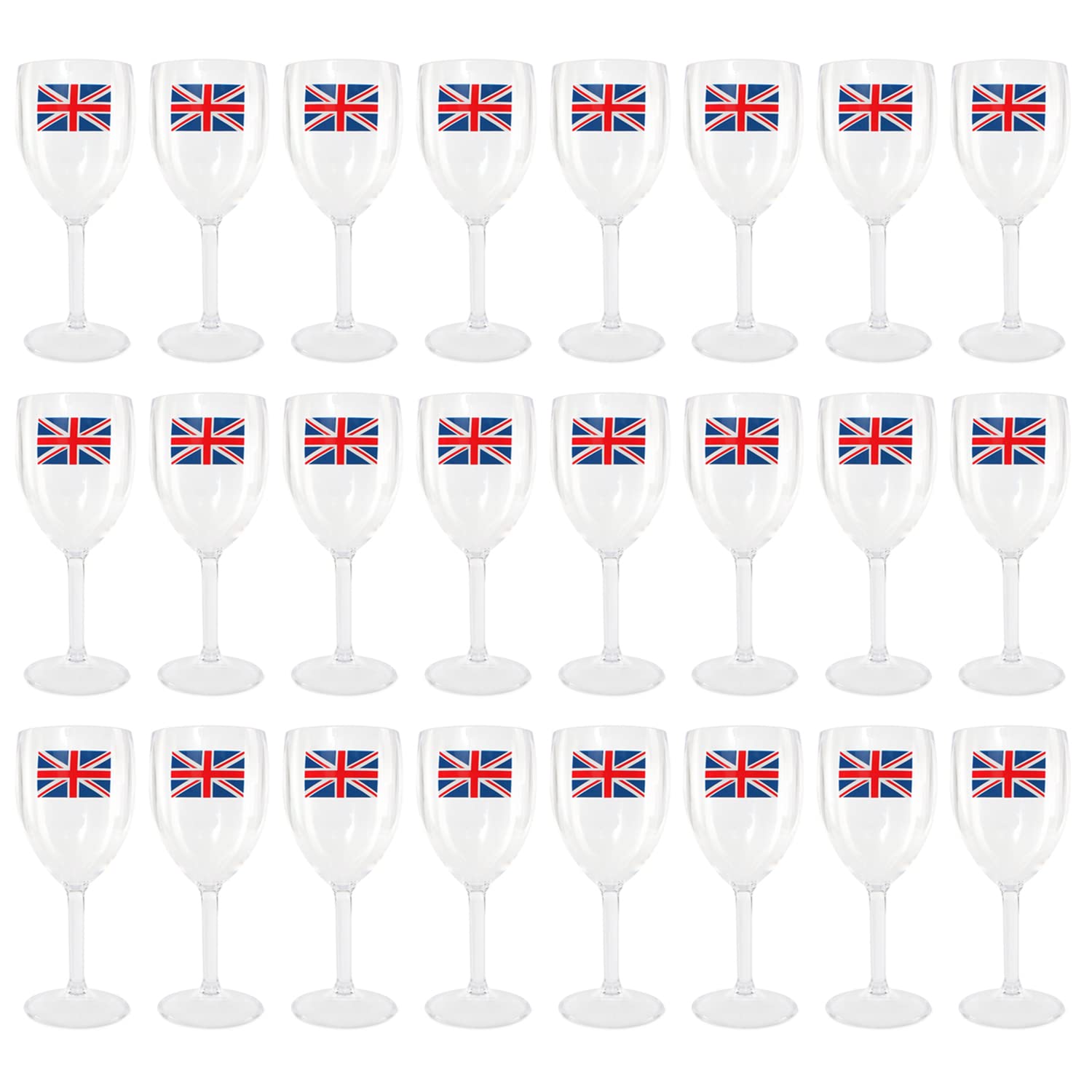 I LOVE FANCY DRESS Union Jack Wine Glasses - Pack of 24 - Clear Plastic Wine Glasses with Union Jack Flag Print - King's Street Party Tableware VE Day Commonwealth