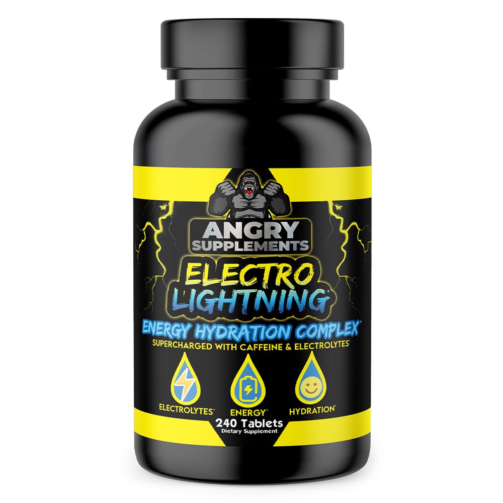 Angry Supplements Electro Lightning Energy Hydration Complex Electrolyte Tablets - Hydrate with Calcium, Magnesium, Sodium, Potassium & Caffeine Pills (240ct, 120 Day Supply)