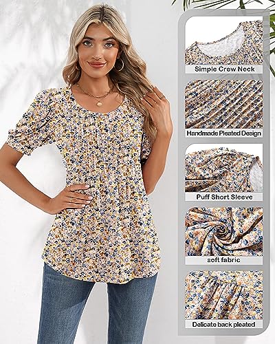 ficerd women39s puff short sleeve tunic tops pleated crew neck summer blouses dressy casual loose t shirts