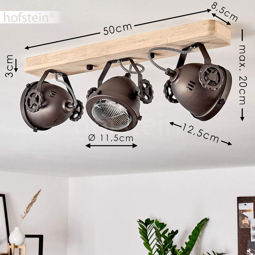 HOFSTEIN Deckenleuchte Herford, verstellbare Deckenlampe aus Metall/Holz/Glas in Natur/Braun/Klar, Leuchte im Industrial/Retro/Vinntage-Design, 3 x GU10, Esszimmmer, Schlafzimmer, Wohnzimmer, Küche