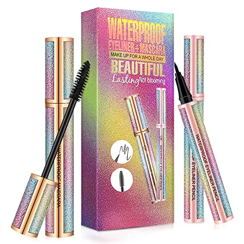 Mascara Eyeliner Set, 4D Silk Fiber Eyelash Mascara, Long Lasting Waterproof, Extension Thickening Lengthening Voluminous Mascara, Natural Smudge-Proof Liquid Eye Liner, Black