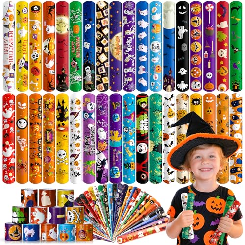 Childom 48Pcs Halloween Slap Bracelet For Kids Halloween Decorations Gifts Party Favors Bracelet Decoration Outdoor School Classroom Prizes Snap Bracelets Bulk Decor Holiday Favors for Kids Boys Girls