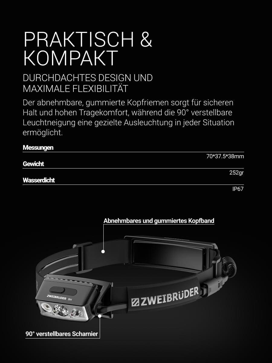 Zweibrüder ZB9H Stirnlampe mit 2000 Lumen – LED Kopflampe mit Auto Focus Technology. Rotlicht & Rücklicht. USB-C aufladbar. Integriertes USB-C Ladekabel. Ideal für Outdoor, Arbeit und Einsatz.