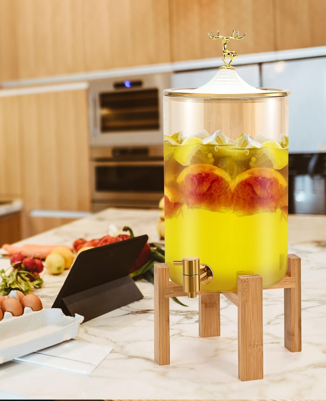 Glass Drink Dispenser with Stand, 2.11 Gallon Glass Beverage Dispenser with Spigot, Punch Dispenser for Parties, Party Drink Dispenser for Lemonade, Juice, Punch, Water, Outdoor, Daily Use