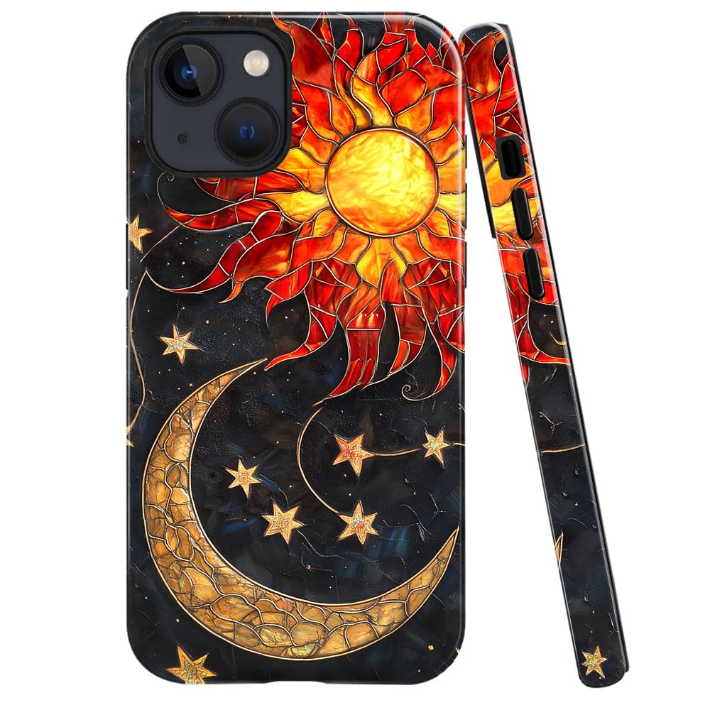 Case for iPhone 14,Fits Glossy Case Design for Girl Women,Celestial Stained Glass Sun Moon Star
