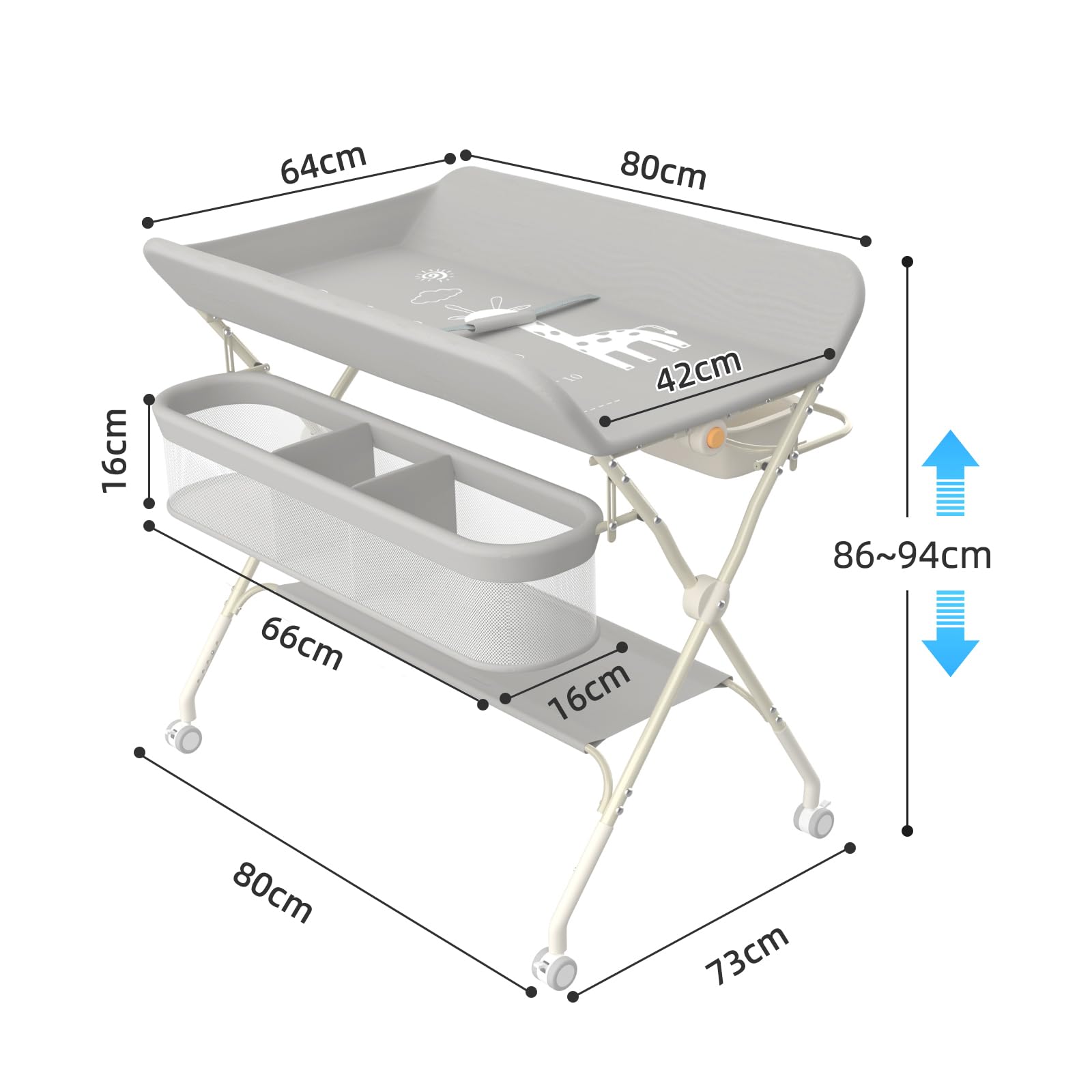 Fasciatoio Neonato 2 in 1, 0-12 Mesi (max 25kg), Fasciatoio con Vaschetta Bagnetto, Chiusura Compatta, （A）75 * 68 * 83-91 cm (Grigio)