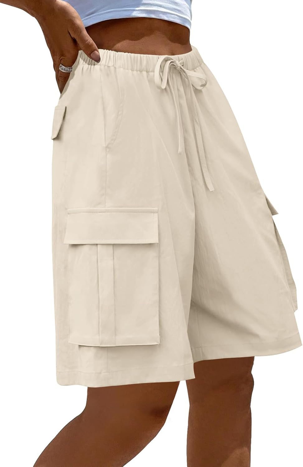 MEROKEETY Women's Summer Casual Cargo Shorts Elastic Waist Drawstring Hiking Bermuda Shorts with Pockets