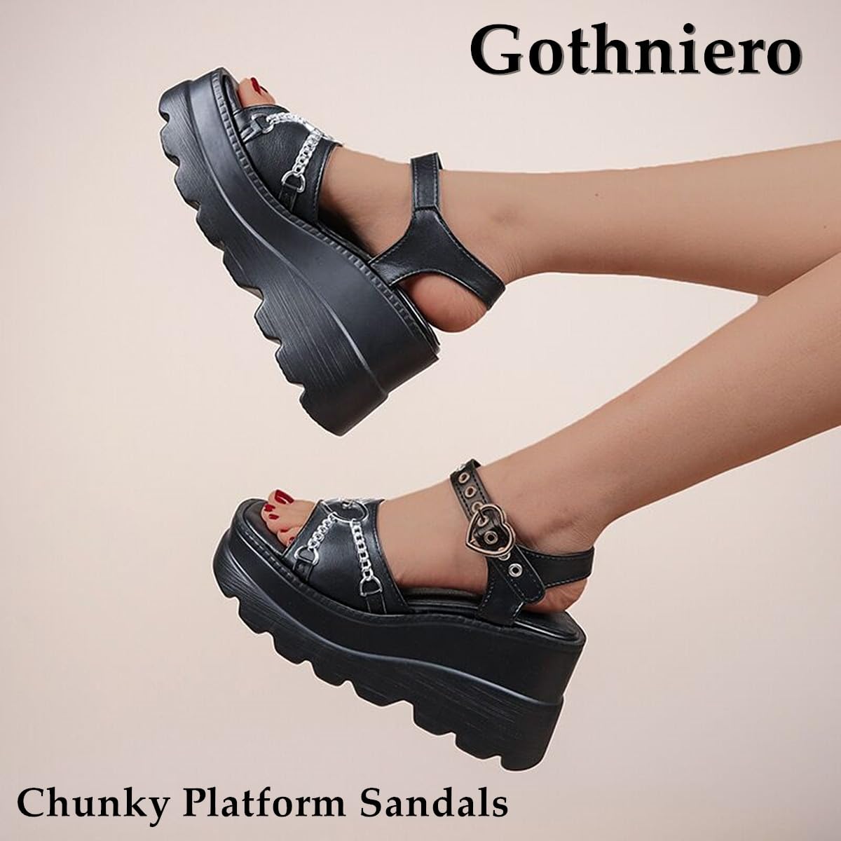 Gothniero women black platform sandals goth chunky wedge heel summer sandals girls gothic punk platform sandals for women metallic spider buckles slides size 5.5-11: 6 Black2