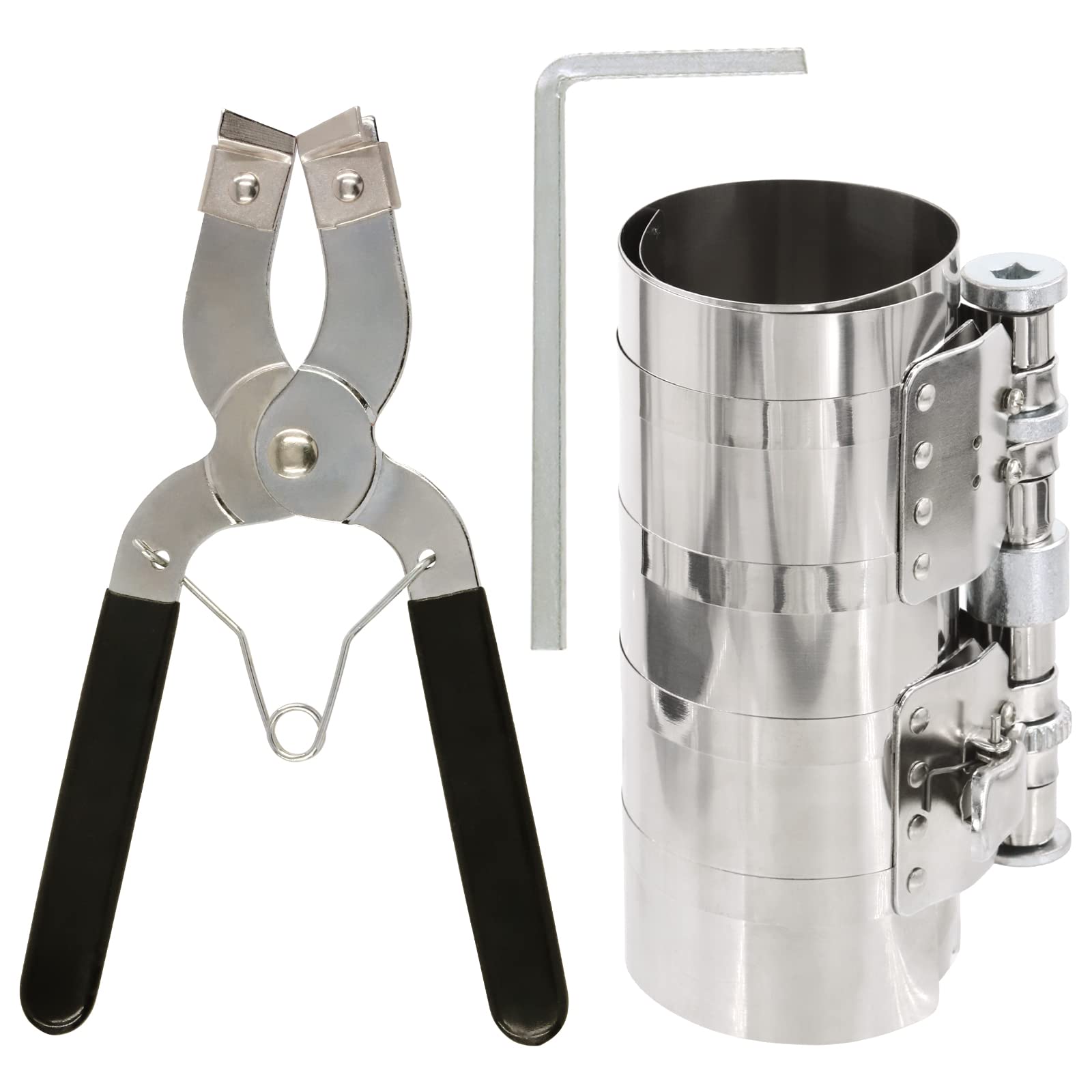 Keadic 3Pcs 6" Spring Steel Piston Ring Compressor with Wrench and Adjustable Piston Ring Installer Pliers Removal Tool for Car Engine Installation (2.4 Inch to 7.6 Inch Diameter)