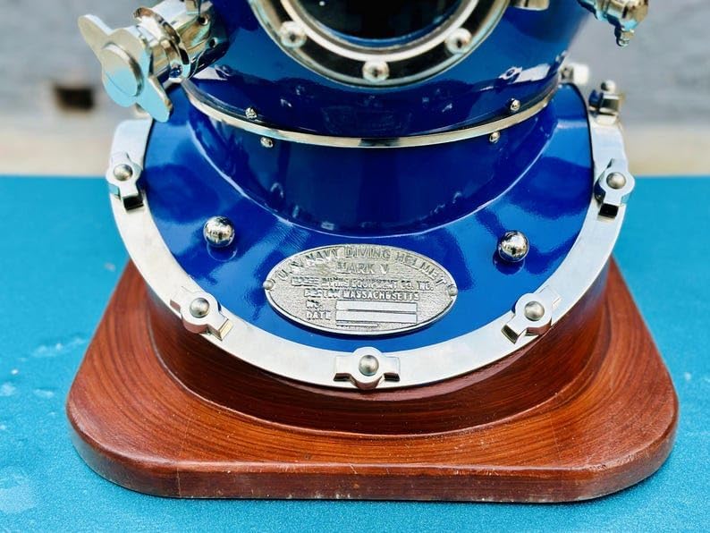 Scuba Diving Helmet with Wooden Base | US Navy Mark V Deep Sea Nautical Helmet | Maritime Ship's Decorative Helmet