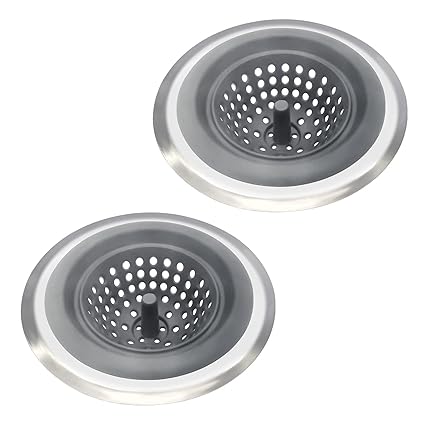 Kitchen Set of 2 Sink Strainers, Flexible Silicone Good Grip Kitchen Sink Drainers, Traps Food Debris and Prevents Clogs, Large Wide 4.5 Diameter Rim (Gray)