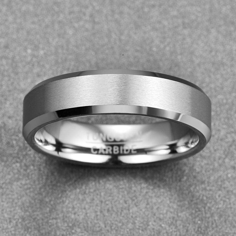 Vakki Tungsten Rings for Men 6mm Silver Matte Finish Tungsten Wedding Band Polished Beveled Edge Comfort Fit Size 6-13