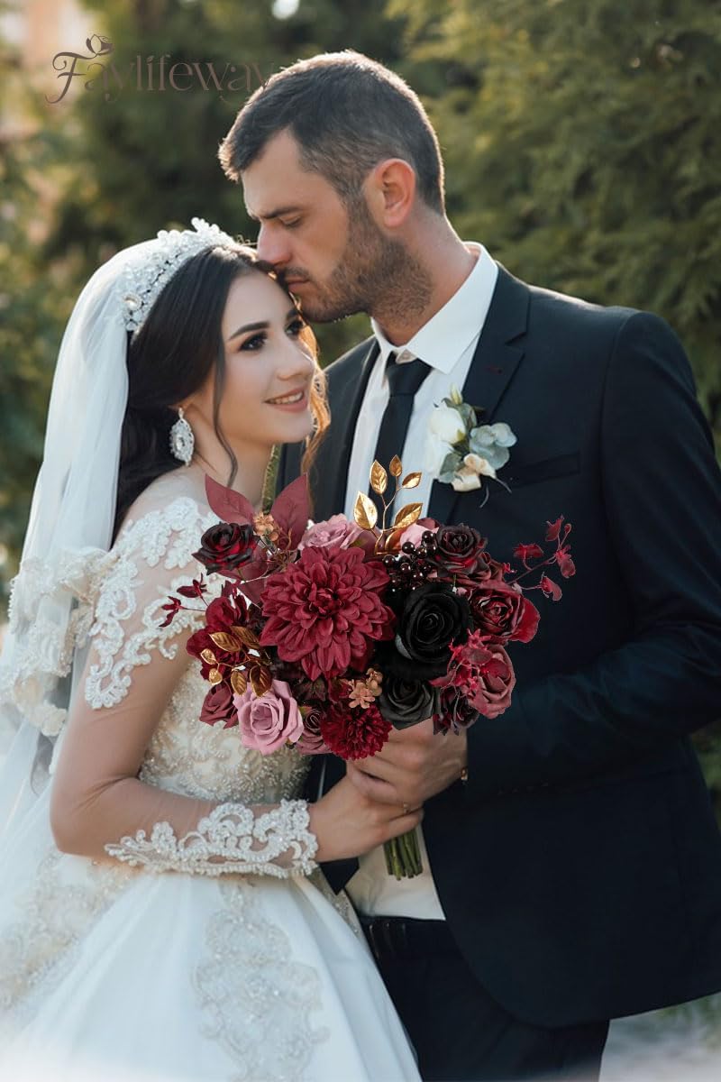 Artificial Flowers, Burgundy Silk Flowers for Centerpieces Decoration, Fake Cake Flowers for DIY Wedding Bridal Bouquets Home Party Floral Arrangement Decor - Image 3