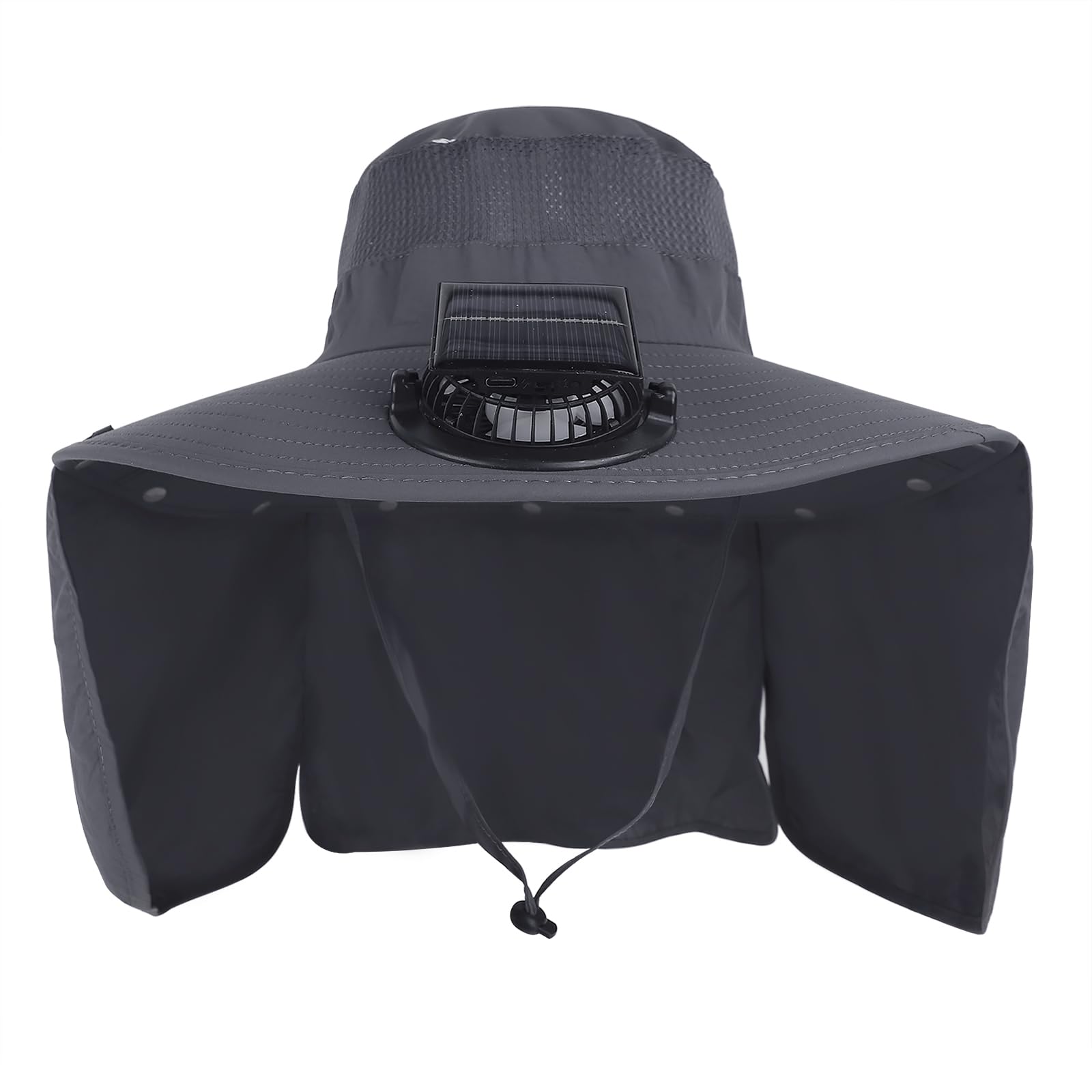 Solar Fan Hat Men Women Wide Brim Sun Hats with Removable Neck Flap Waterproof Breathable Outdoor Hiking Camping Fishing Hat Beach Safari Bucket Hats (UK, Alpha, One Size, Dark Grey)