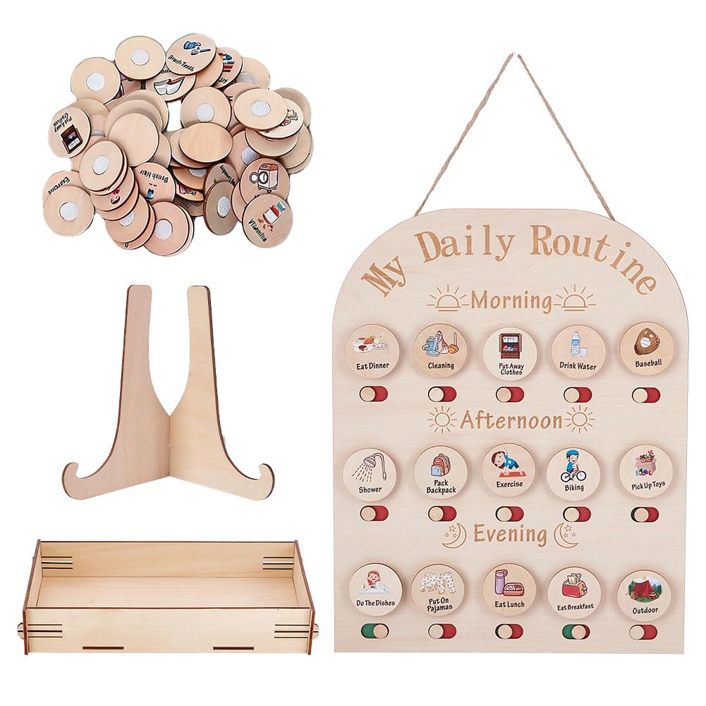 HOBBIESAY Wooden Daily Routine Chart for Kids 13.78Γ11.81Inch Visual Schedule Three Rows Hanging Daily Schedule Charts Morning Bedtime Routines Charts Chore Reward Chart Chore Reward Routine