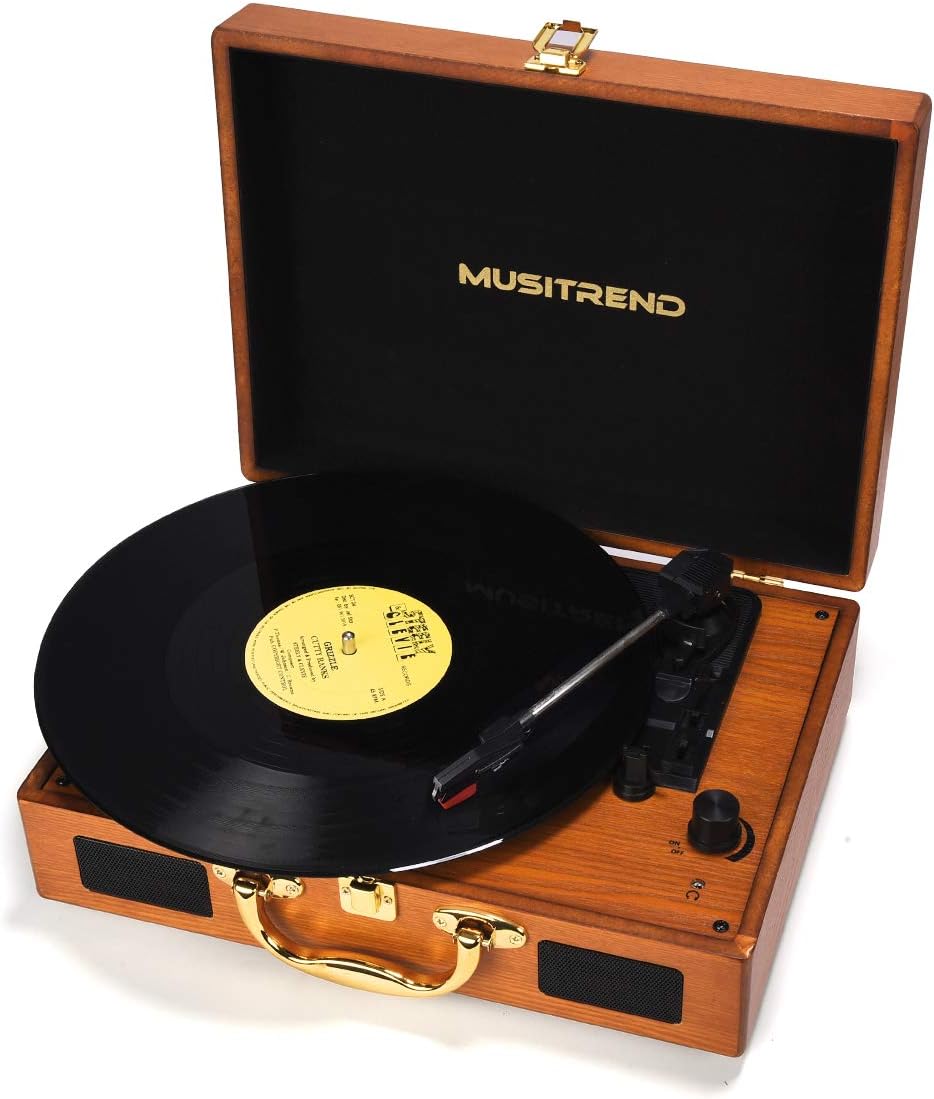 Record Player, MUSITREND Turntable Portable Suitcase with Built-in Speakers, PC Recorder, Headphone Jack, RCA line out (Wood)