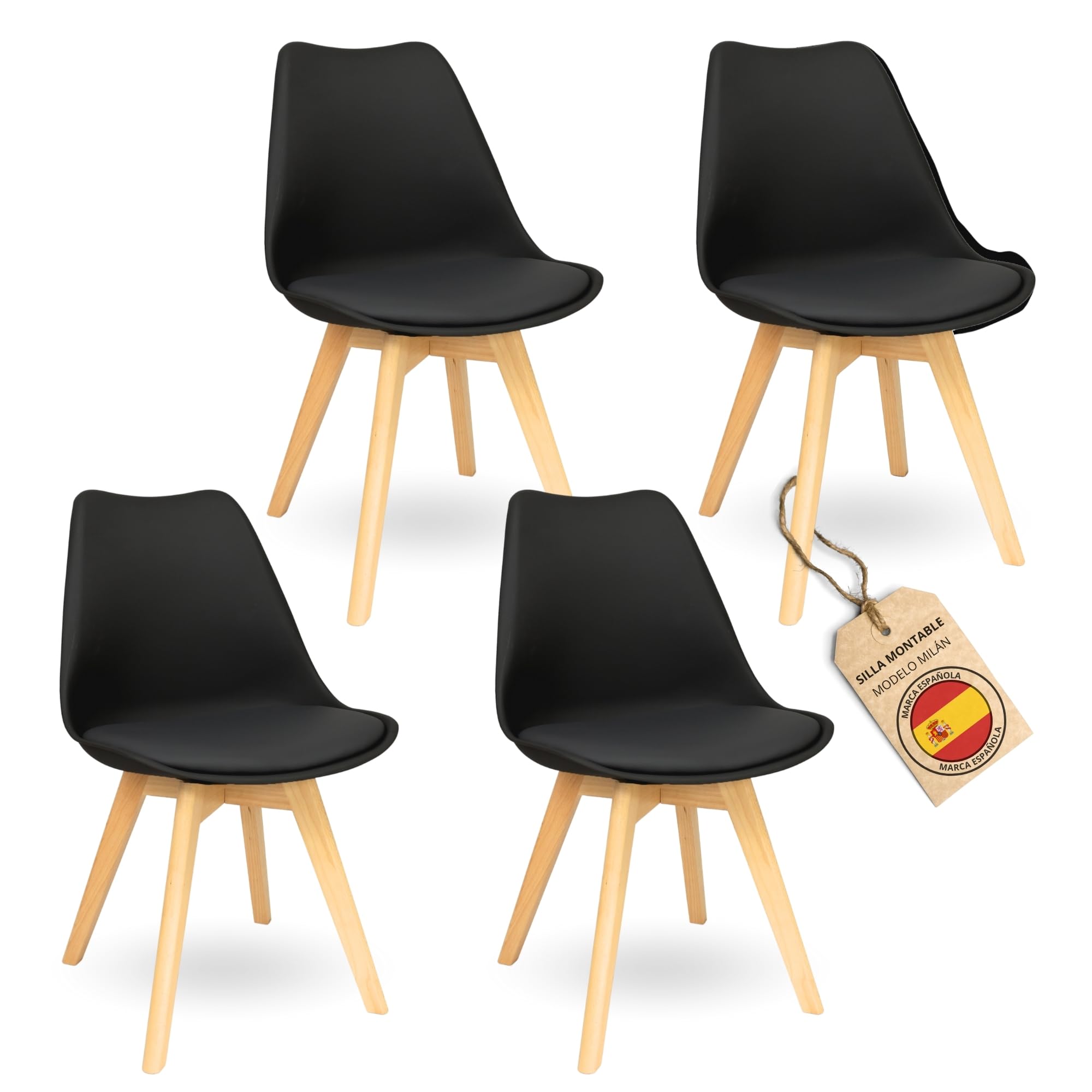 HOME DESIGN & CONFORT Sillas de Comedor Nórdicas con Respaldo Ergonómico | Sillas de Cocina con Madera de Haya Maciza con Tela Anti Manchas de Polipiel (4, Negro)