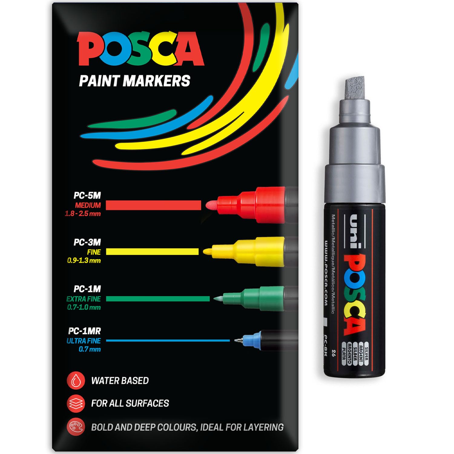 Posca Water Based Acrylic Paint Marker Pens | Multi Surface Use Permanent Paint Pen | Pack of 1 in Envelope Gift Packaging | Glass, Fabric, Wood etc | Chisel Tip PC-8K, Silver