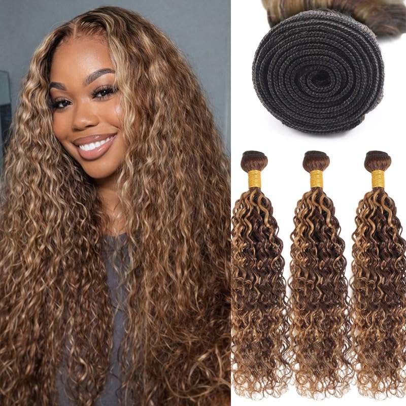 P427 Highlight Blonde Human Hair Bundles Honey Blonde Water Wave 3 Bundles 12A Brazilain Virgin Hair Weave （16 18 20inches，Brown and Blonde）