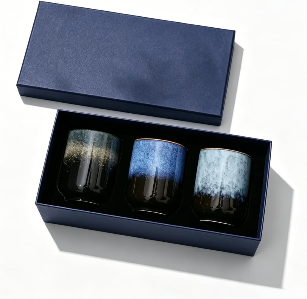 Set of 3 Japanese Style Gradient Handle-less Ceramic Cups, 10oz 300ml Smooth Glaze Yunomi Tea Cups, Elegant Multipurpose Coffee Beverage Cups with Premium Gift Box for Daily Home Use & Gifting