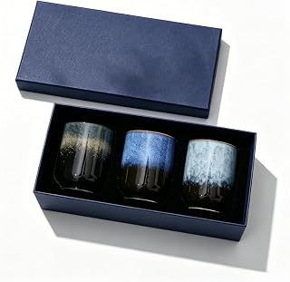 Set of 3 Japanese Style Gradient Handle-less Ceramic Cups, 10oz 300ml Smooth Glaze Yunomi Tea Cups, Elegant Multipurpose Coffee Beverage Cups with Premium Gift Box for Daily Home Use & Gifting