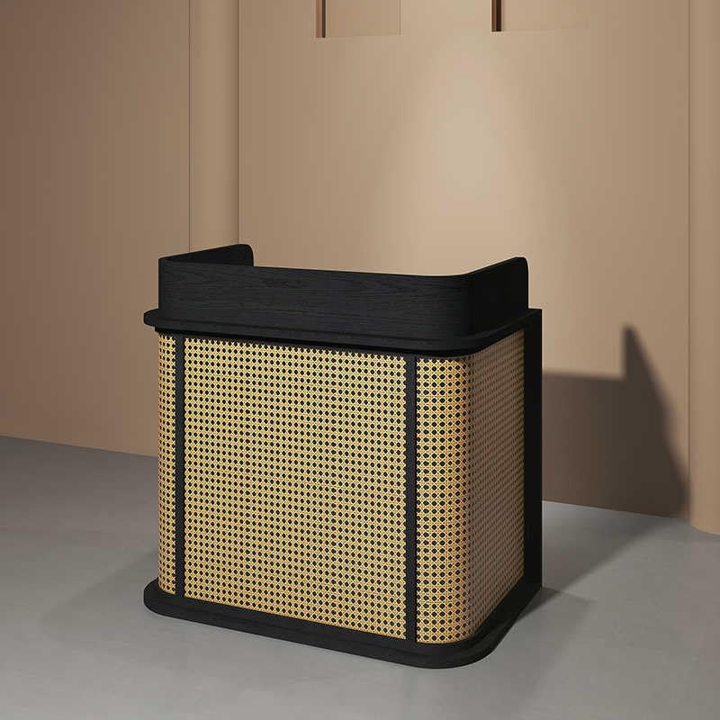 Comptoir de réception compact pour magasins – Bureau de caissier pour petites entreprises, bar d'entrée de restaurant, support de bienvenue moderne en rotin et bois