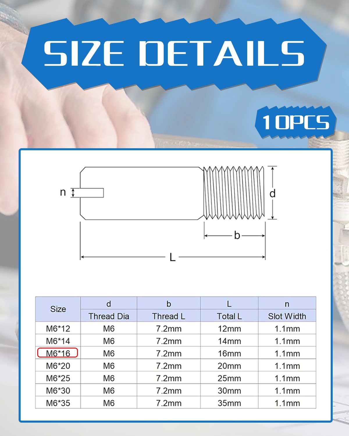 10 pezzi 304 M6 x 16 mm in acciaio inox con scanalatura maschio dritto perni filettati, filettati, per il posizionamento di mobili e armadi