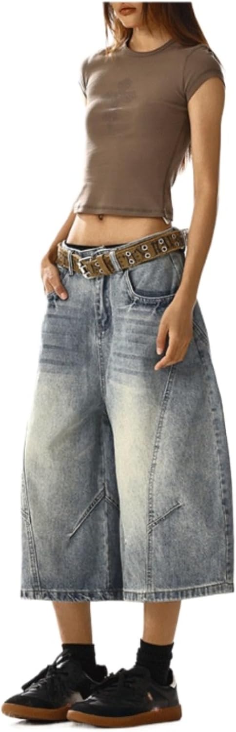 Wide Leg Denim Shorts Vintage Washed Look High Waist Raw Hem Zip Fly Streetwear Style Casual Loose Fit Bottoms