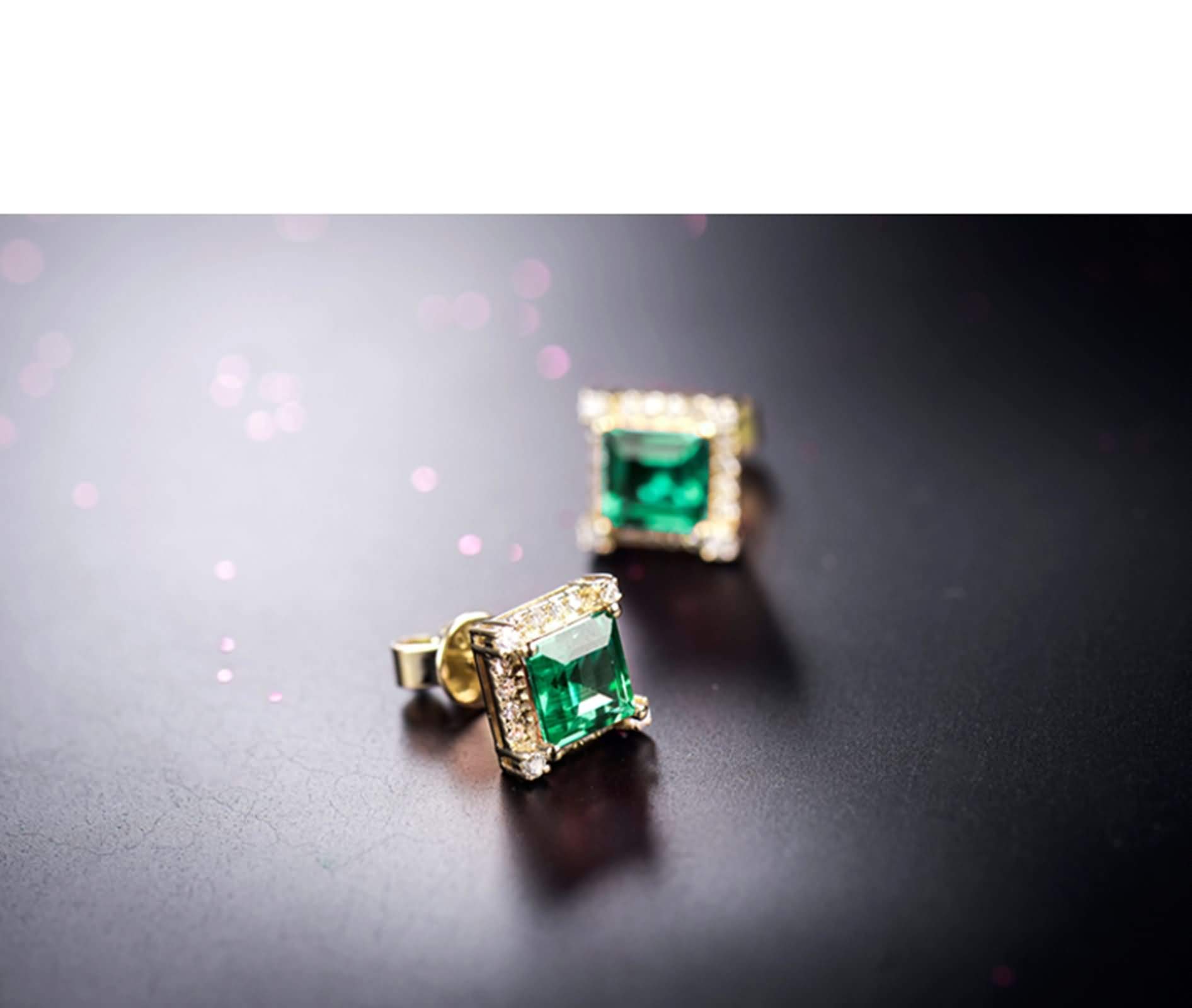 Epinki Gold 18K Ohrringe Mädchen, Quadrat Ohrschmuck mit Smaragd 1.6ct Grün, als Geschenke für Frauen Mutter/Freundin, Gelb Gold