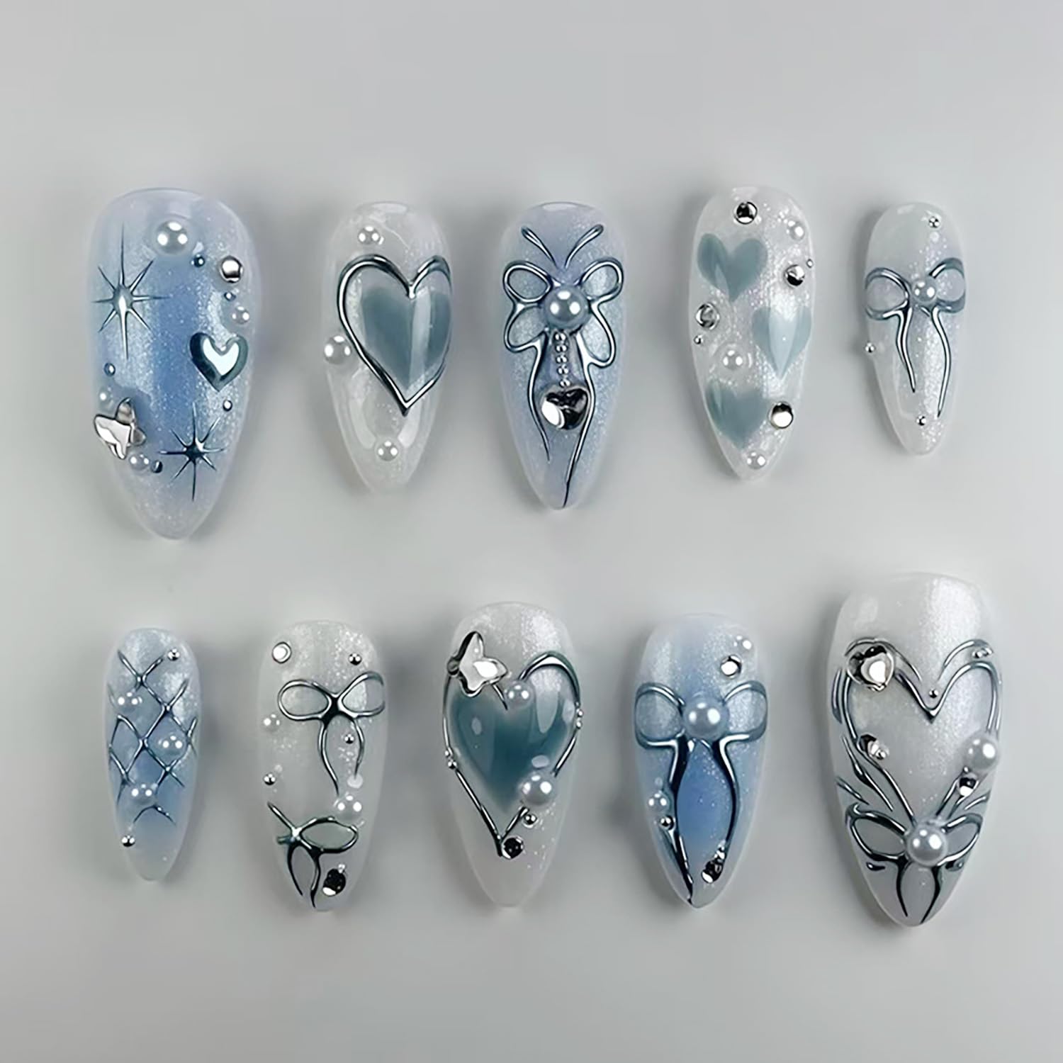 24Pcs Ombre Blue Press on Nails - 3D Rhinestones & Pearl
