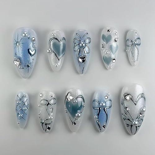 24Pcs Ombre Blue Press on Nails Medium Almond Fake Nails