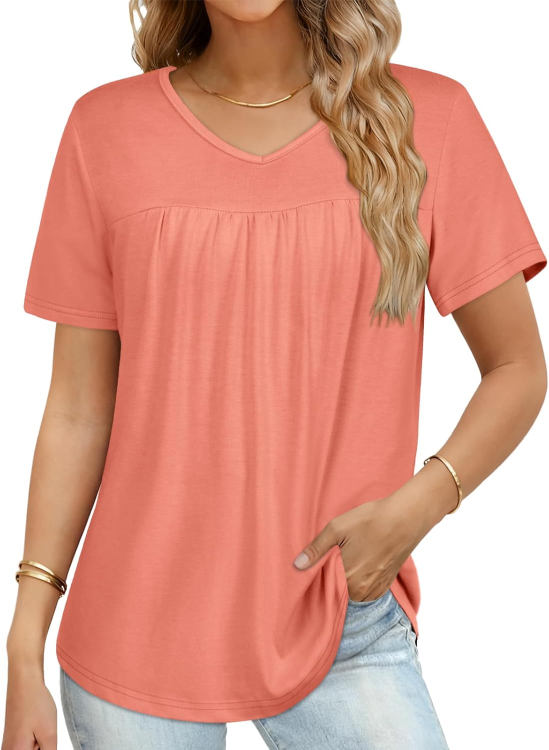 T Shirts for Women Short Sleeve Tops Casual Pleated Front Blouses V Neck Summer Tees - Image 4
