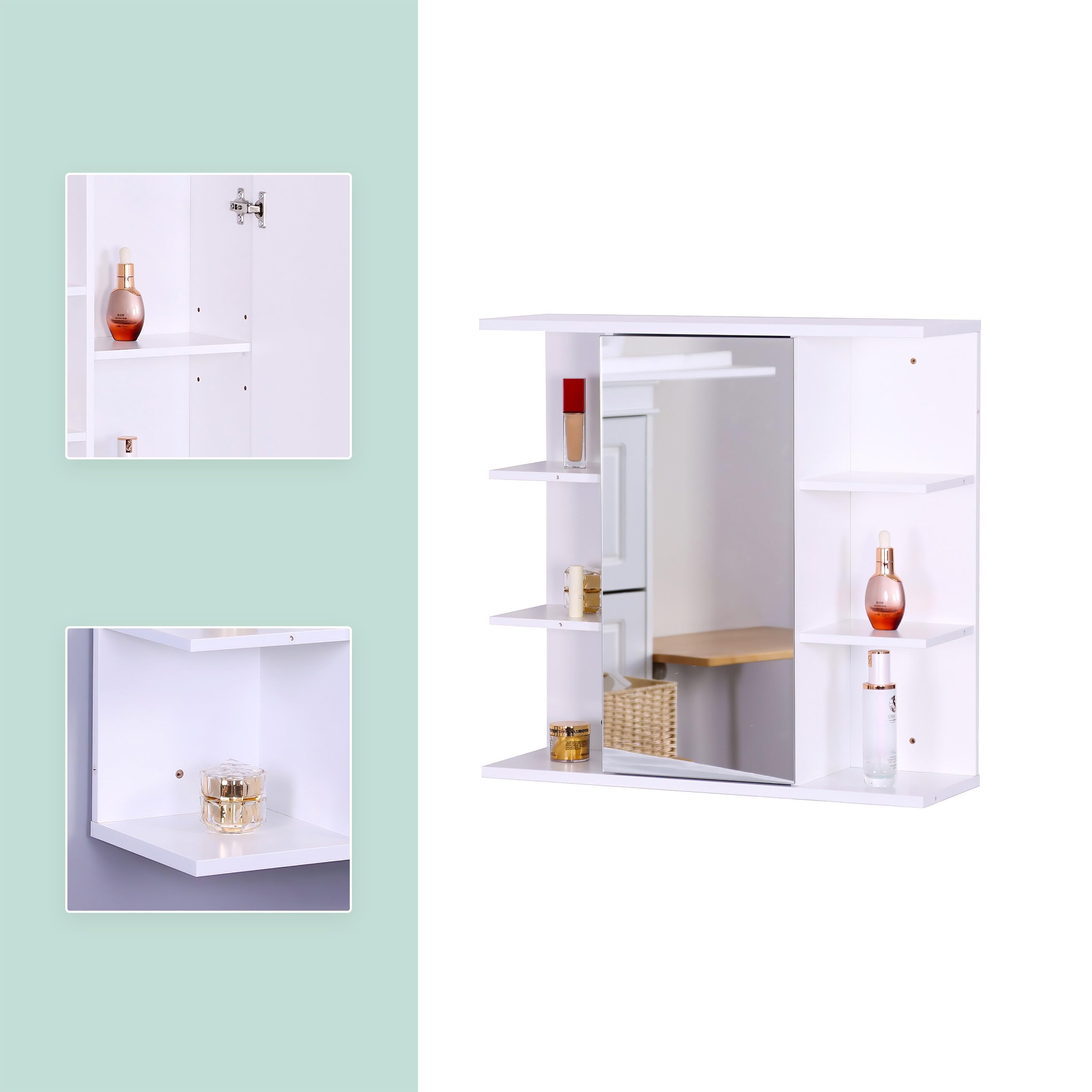 Relaxdays Armadio a Specchio, 6 Ripiani, 2 Scomparti, HxLxP: 64 x 62 x 21 cm, Montaggio a Parete