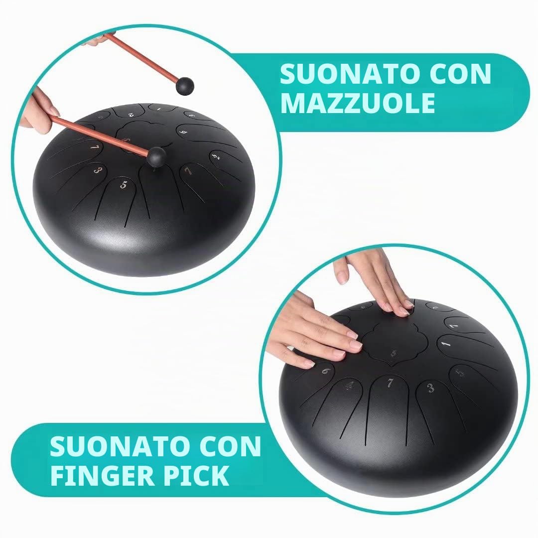 Steel Tongue Drum, Handpan, Tamburo a Lingua in Acciaio, 12 Pollici 13 Note Tamburo Strumento a Percussione con Bacchette per Tamburi, Carry Bag, Libro di Musica, per l'Educazione Musicale