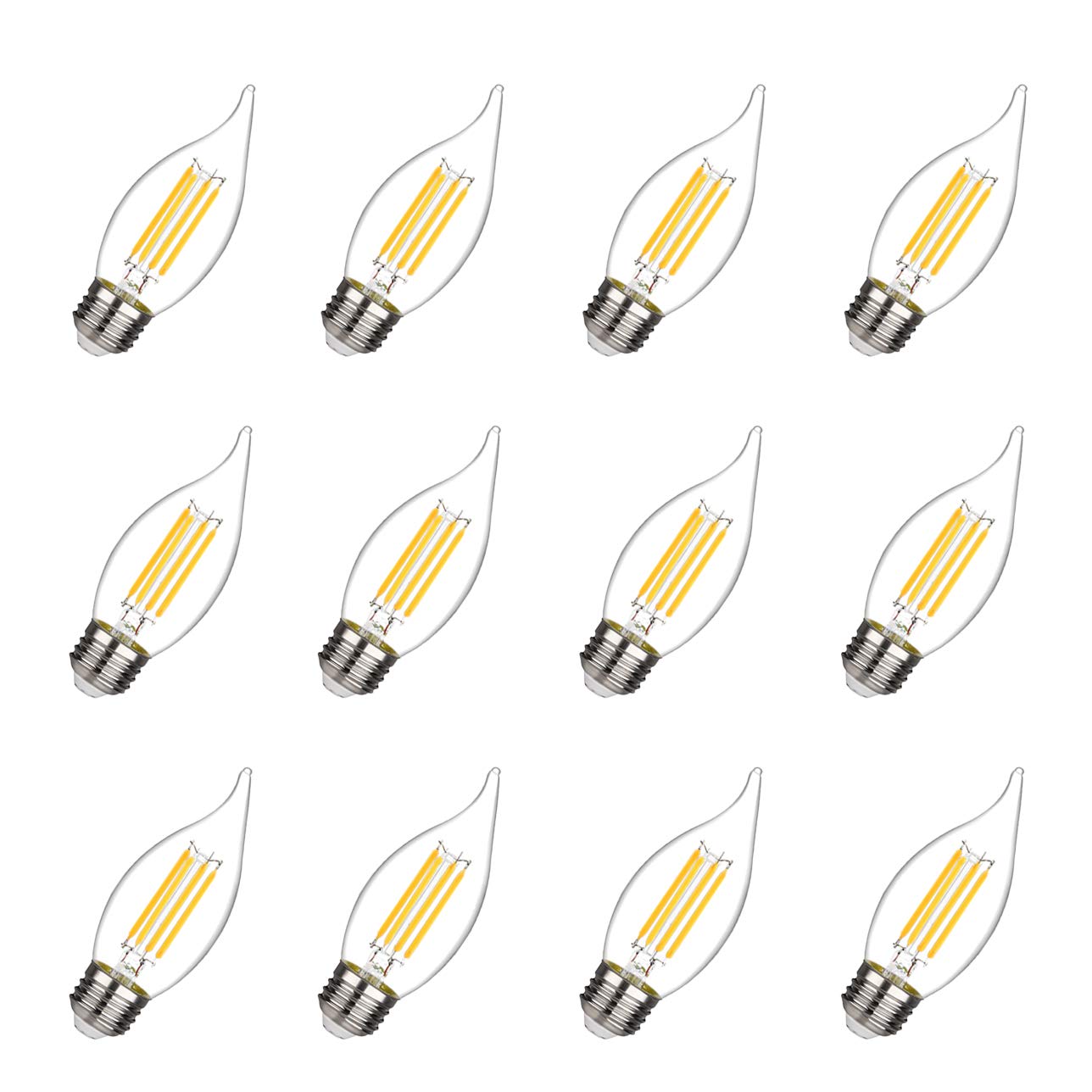 BORTC35/CA11 Chandelier led Light Bulbs, Dimmable 4W Equivalent to 40W LED Candelabra Bulbs, 2700K Warm White, E26 Standard Base LED Bulbs, Flame Tip (12 Pack)