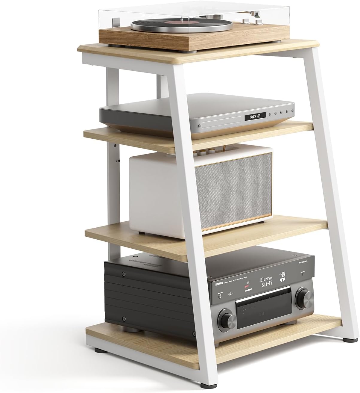 Design 4-Tier AV Media Stand Corner Shelf Stand Wooden Corner Shelves Component Cabinet Stereo Rack Audio Tower with Height Adjustable Wooden Shelves for ps4 (White Oak)