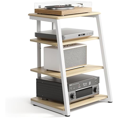 FITUEYES Design 4-Tier AV Media Stand Corner Shelf Stand Wooden Corner Shelves Component Cabinet Stereo Rack Audio Tower with Height Adjustable Wooden Shelves for ps4 (White Oak)