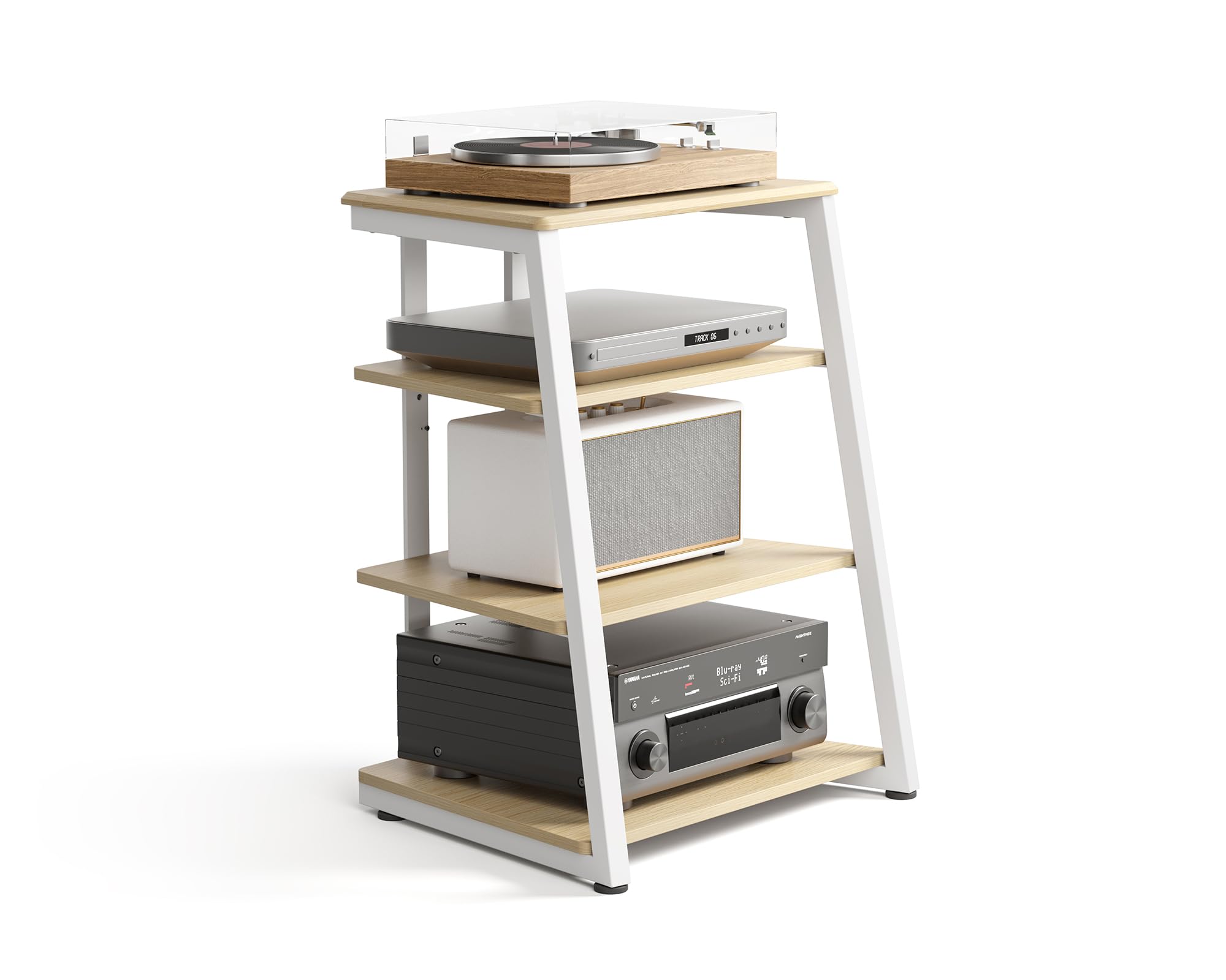 FITUEYES Design 4-Tier AV Media Stand Corner Shelf Stand Wooden Corner Shelves Component Cabinet Stereo Rack Audio Tower with Height Adjustable Wooden Shelves for ps4 (White Oak)