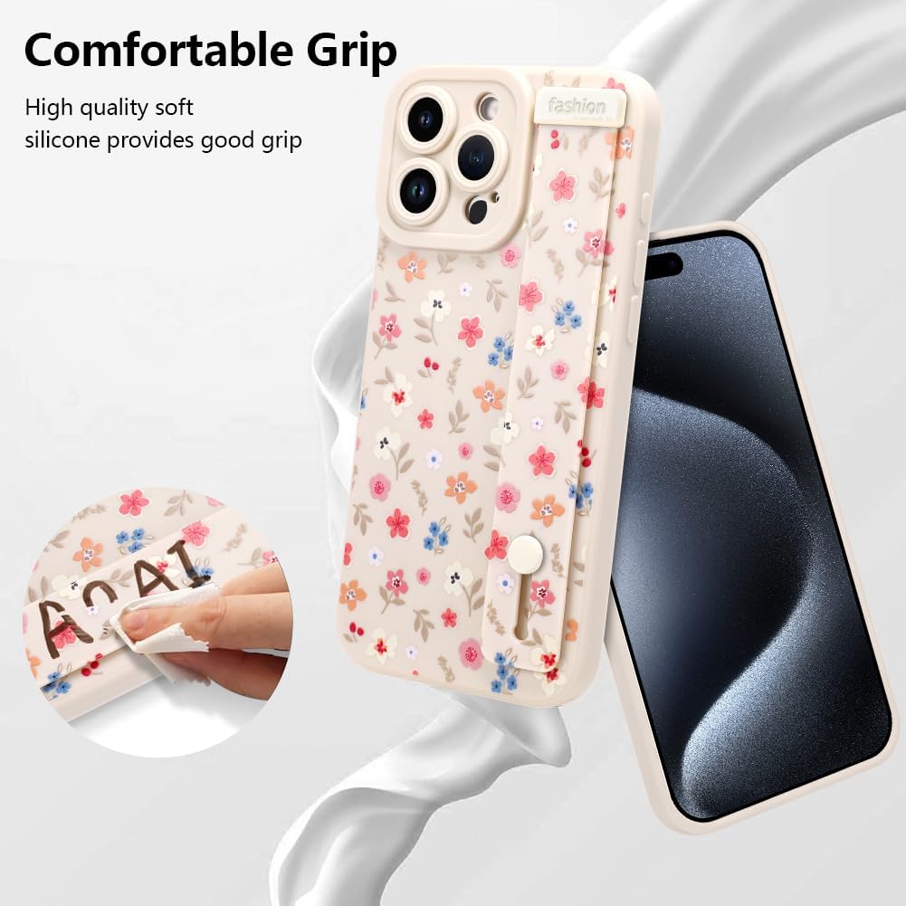 Case for iPhone 15 Pro Max Silicone Phone Case with Strap for Women Girls Cute Floral Flowers Pattern, Adjustable Soft Finger Strap Kickstand Protective Cover, Floral - Image 5