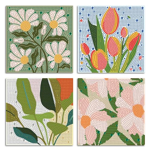 ICYANART 4 Pack Flowers Diamond Art Painting Kits for Kids Flowers Diamond Art Kits for Kids Ages 4-8-12 Small Diamond Art Kits Gift and Home Wall Decor 6x6inch