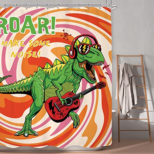Lghtyro Green Dinosaur Shower Curtain Bathroom Set 60Wx71H Inches Funny Dino Make Some Noise Vintage Abstract Art Witch Bath Accessories Retro Hippie Swirl Art Home Decor Fabric 12 Pack Hooks #TOP6