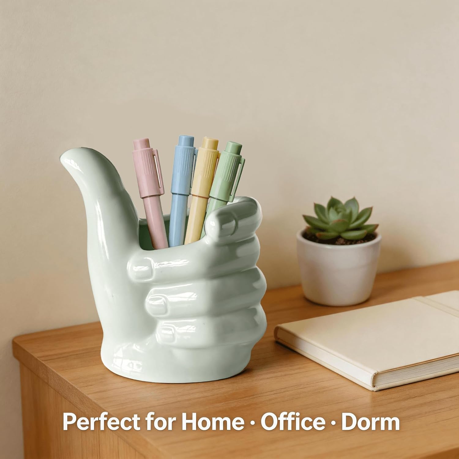 Adorable thumbs-up ceramic pen holder, quirky desktop organizer, home decor item, creative office supplies. (Light green) image 5