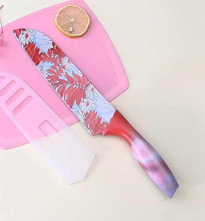 DANSR Santoku Knife,Professional Chopping Knife, Stainless Steel Asian Kitchen Knife, Ultra Sharp Japanese Chef Knife with Plastic Sheath, Dishwasher Safe, Food Grade Non-Stick Coating,Pink Handle