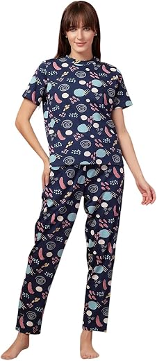 OOMPH! Women Korean Style Night Suit | Round Neck Short Sleeve Cute Printed Cotton Pajama Set for Girls &amp; Ladies | T-Shirt...