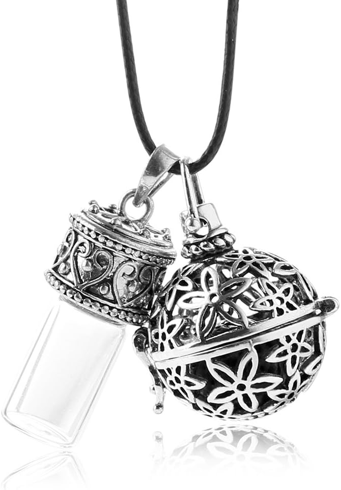 Antique Silver Aromatherapy Essential Oil Diffuser Necklace Diffuser Pendant & Bottle with 1 Dropper, 24 Inches Adjustable Long Wax Rope