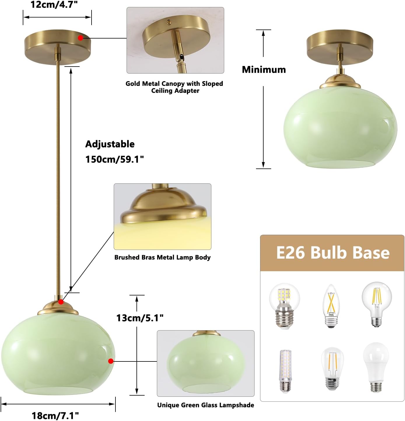 KCO Lighting Vintage Green Glass Pendant Light Brushed Gold Island Pendant Lights Small Globe Hanging Light Nordic Green Chandelier