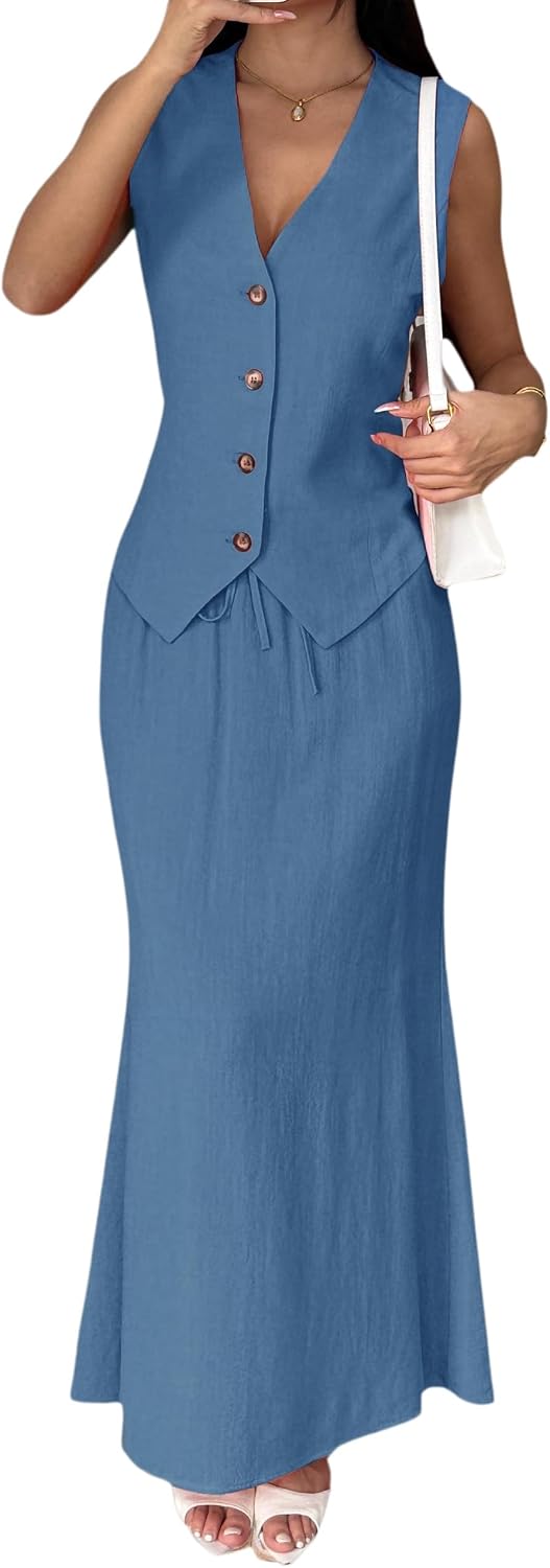 Women's Cotton Linen Two Piece Suit Set Sleeveless V-Neck Button Front Vest Top Maxi Skirt Summer Business Casual Outfit