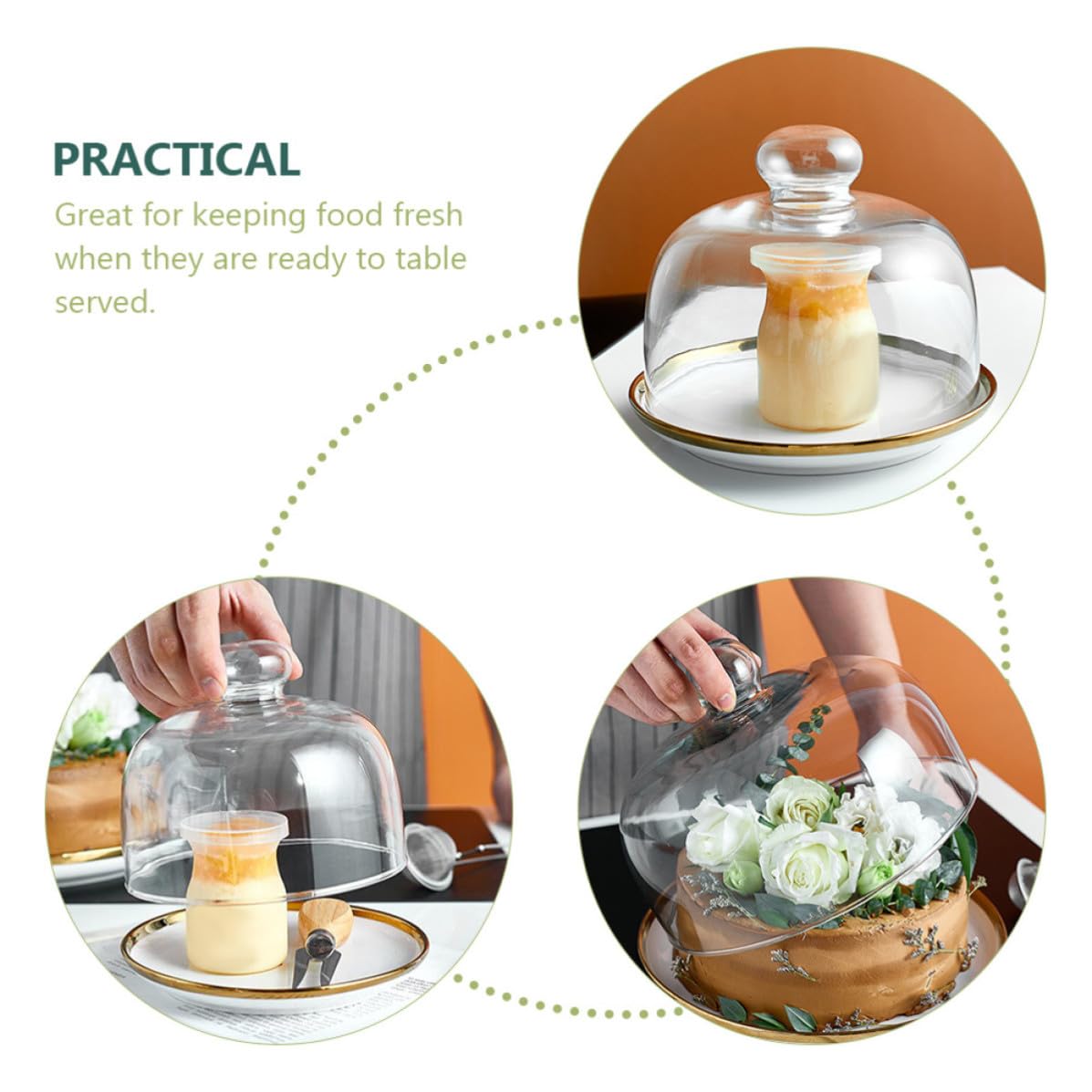 iplusmile Cúpula de Pastel Transparente con Bandeja de Cerámica para Exhibir y Proteger Postres y Tartas en Comidas Festivas y Recepciones
