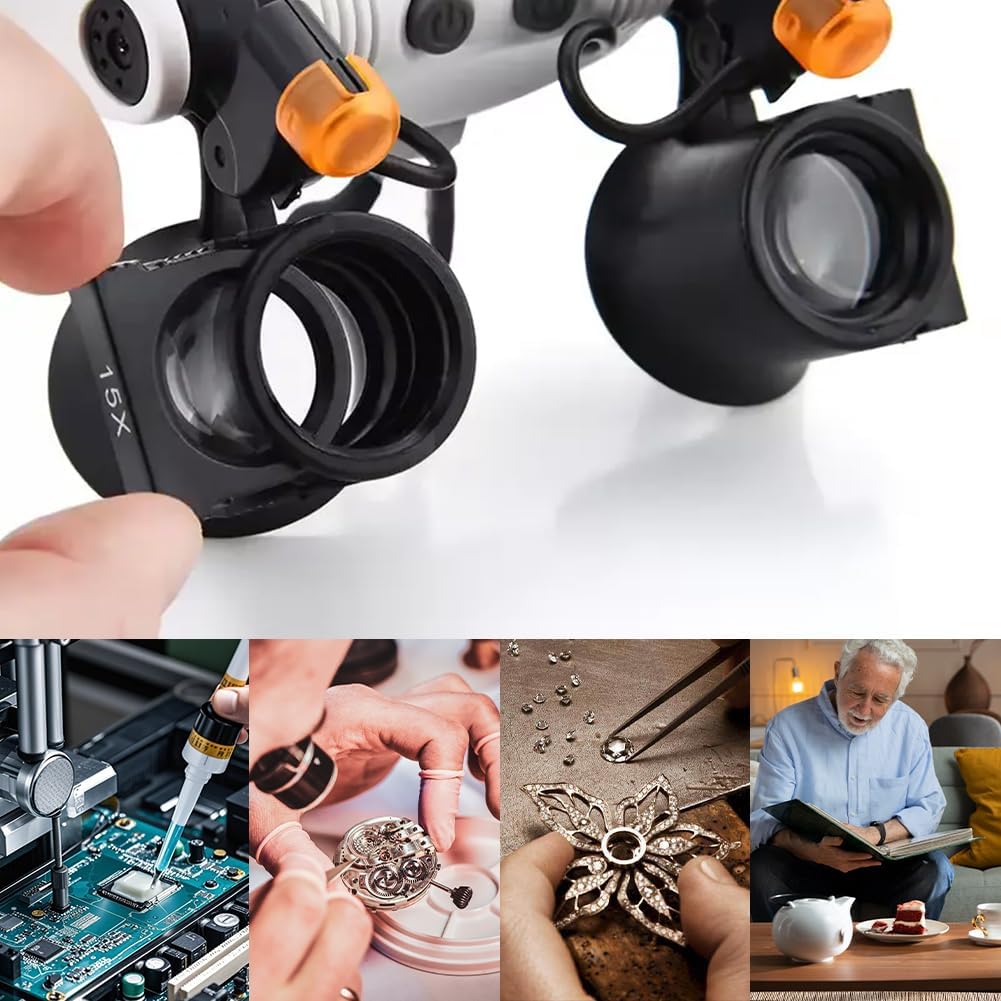 CEWROM Okulary z lupą z 2 diodami LED, maks. 10-krotne powiększenie, lupa czołowa, lupa z oświetleniem LED, lupa do montażu na głowie z 12 soczewkami do prac bliskich, czytania, majsterkowania, sztuki